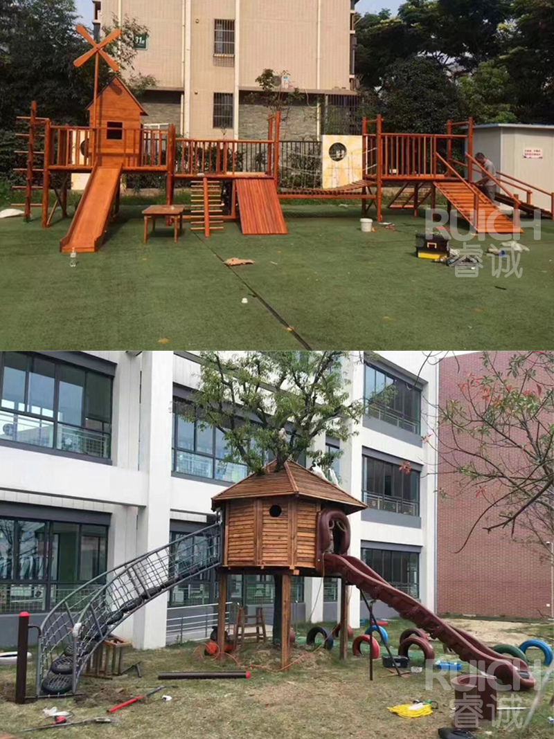 兒童戶外木質組合滑梯J